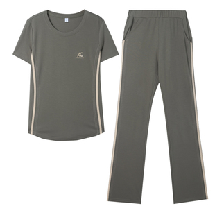 冰丝圆领运动套装女中年妈妈夏小个子修身显瘦短袖长裤休闲两件套