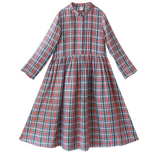 现货【樱花落阶】复古立领红格子连衣裙女秋季气质宽松色织亚麻裙