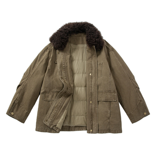 YANGLE_90鹅绒服女2025冬季新款韩版复古羊毛毛领工装羽绒派克服