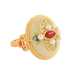 小银匠天然和田玉纯银珐琅宝石戒指女款故宫国风金镶玉金包银玉石