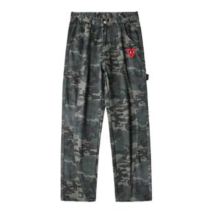 查尔斯桃心 迷彩解构拼接复古水洗牛仔裤男春秋新款宽松直筒休闲