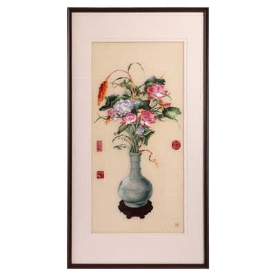 姚建萍刺绣艺术手工聚瑞图青瓷瓶荷花清供静雅实木框家居装饰挂画