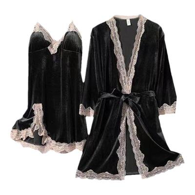 秋冬金丝绒吊带睡袍带胸垫两件套