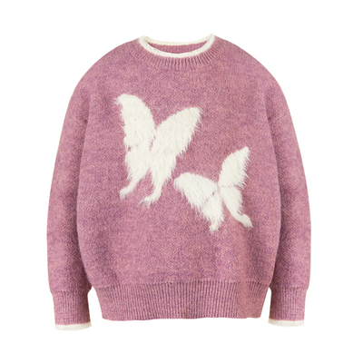 LittleNaive儿童毛衣冬季新款撞色蝴蝶上衣女童仿貂毛针织衫