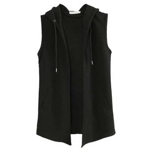 潮流男装连帽马甲韩版黑色无扣马夹坎肩背心春季无袖针织开衫外套