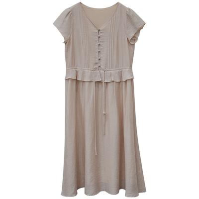 温柔荷叶边收腰假两件短袖连衣裙