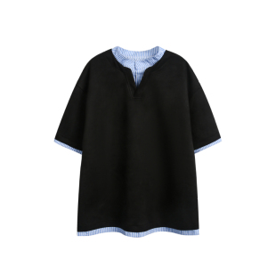 wtmp夏季日系复古撞色拼接假两件衬衫领短袖男女潮牌宽松休闲insT