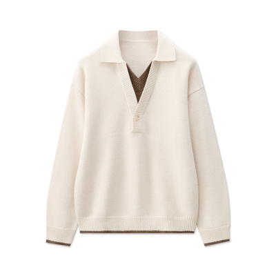 假两件羊毛针织衫翻领毛衣男秋冬季POLO衫双V领毛线衣服2025新款