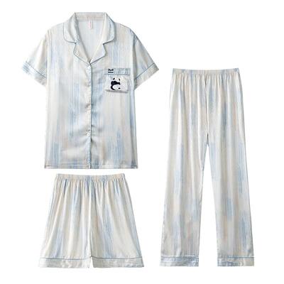 猫人简约宽松休闲冰丝睡衣三件套