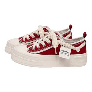 环球红色帆布鞋女款2025新款百搭软底不累脚休闲板鞋轻便厚底鞋子