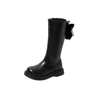 红蜻蜓女童鞋子儿童长筒长靴子2025新款高筒小皮靴冬季公主加绒黑