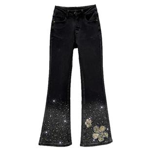 复古牛仔微喇叭裤女2025年秋季新款弹力高腰修身显瘦做旧烫钻长裤