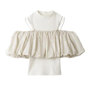 SNIDEL春夏款荷叶边露肩上衣无袖针织背心套装SWNT242041
