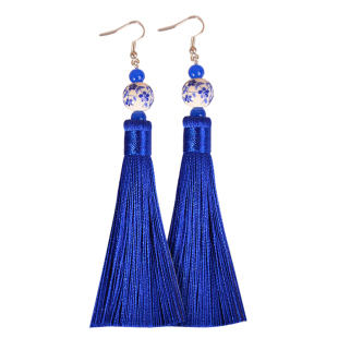蓝色流苏耳环复古风民族风耳饰女长款中国风气质配旗袍青花瓷耳坠