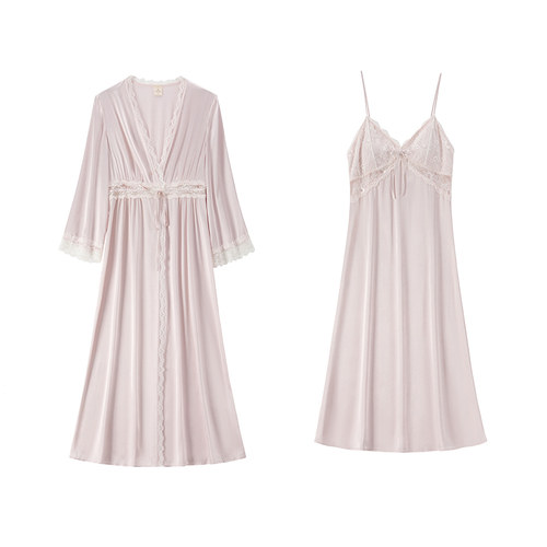 RoseTree新娘晨袍女春秋长袖法式性感睡裙睡袍套装冰丝睡衣带胸垫