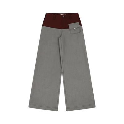 FUNKYFUN 酒红拼色无腰头设计直筒宽松休闲西裤长裤