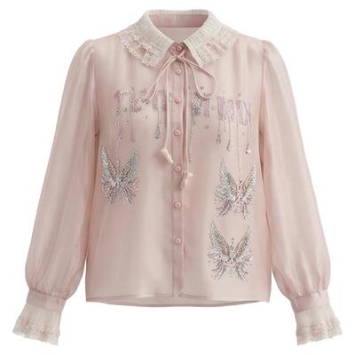 TCH宫廷少女风蕾丝拼接翻领烫钻蝴蝶轻薄衬衫上衣女T78A13E1056