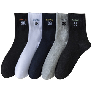运动袜子男款纯棉中筒袜秋冬季吸汗防臭棉袜白色青少年男士长筒袜