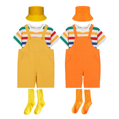 彩色儿童背带裤渔夫帽套装多巴胺