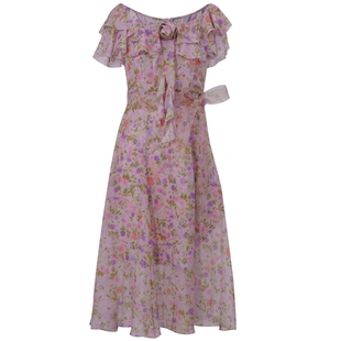 COCOON商场同款浪漫高斯模糊花版领口荷叶边连衣裙夏款