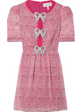 Saloni 早春女带缀饰印花垂坠真丝雪纺连衣裙