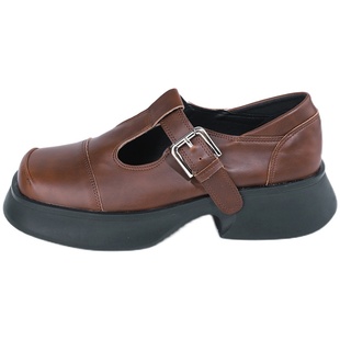 一拾方「复古诗篇」设计感复古材质方头厚底T字带玛丽珍单鞋