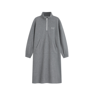 Bobbybecky慵懒休闲拉链翻领羊羔毛直筒套头袋鼠兜长卫衣裙