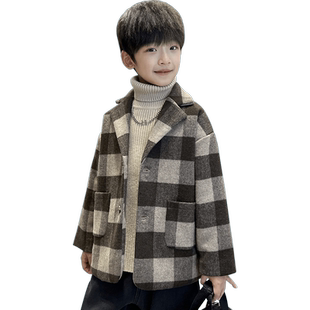 男童格纹呢子大衣夹棉加厚冬装新款2026儿童西装毛呢外套格子冬季