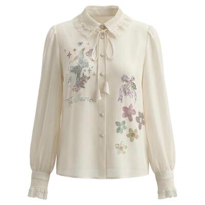 TCH蕾丝翻领烫钻花卉气质百搭轻薄宫廷风衬衫上衣女T78A13E1052