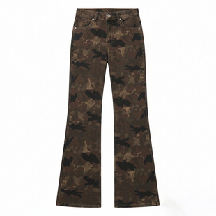 大码女装学生迷彩色微喇牛仔裤女冬季复古高腰显瘦不贴腿喇叭裤子