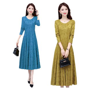 春秋长袖连衣裙圆领十大片裙摆式裙子中年妈妈装广场舞提花长裙子