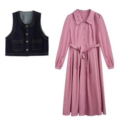 紫涵复古牛仔马甲+粉色中长款衬衫连衣裙时尚套装2024年春季新款