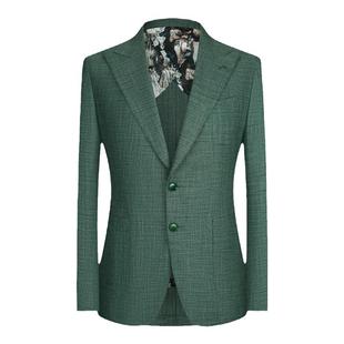 本派高定半麻衬西装男高级舒适透气绿色那不勒斯半里休闲西服套装