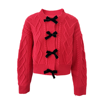 红色立体蝴蝶结麻花毛衣秋冬慵懒