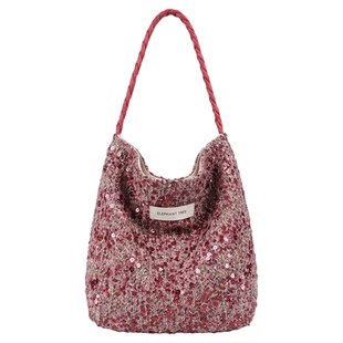 小众红色亮片女生小众单肩包帆布hobo水桶包大容量包包通勤巨好看