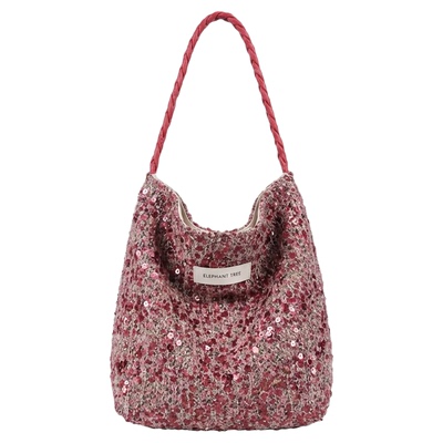 小众紫红亮片帆布大容量水桶包