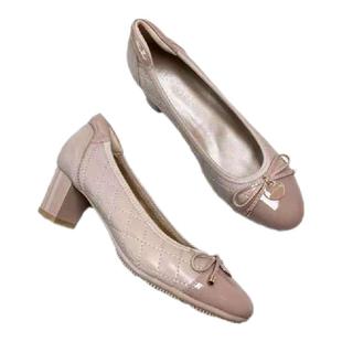 霍根新款意大利外贸真皮女鞋羊皮高跟鞋粗跟圆头浅口蝴蝶结单鞋