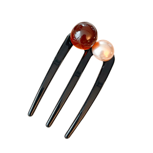 撞色三齿珠珠U型发簪2026新款插梳新中式簪子盘发神器后脑勺发卡