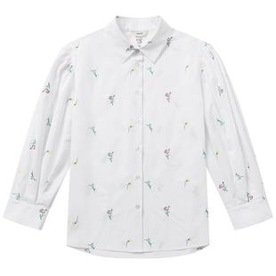 Hazzys哈吉斯白色宽松绣花长袖衬衫女士春夏衬衣休闲度假上衣外套