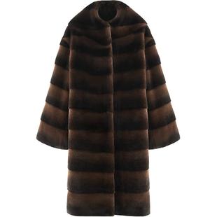 COCOBELLA仿天鹅绒貂绒横排工艺环保皮草外套长款毛绒大衣FU7008