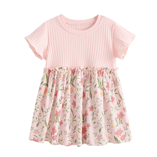 女童碎花拼接连衣裙宝宝夏季短袖蛋糕裙儿童中长裙公主风棉质裙子