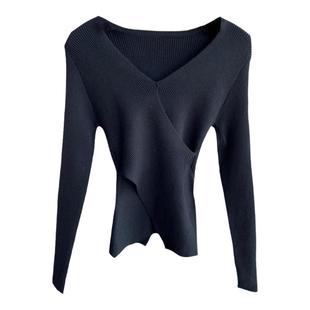 AMR UU◆法式优雅 时髦交叠领修身显瘦针织打底衫毛衣女秋冬新款