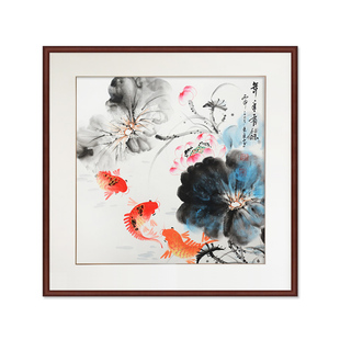 手绘连年有余手绘国画花鸟画中式餐厅客厅风水鱼玄关装饰挂画斗方