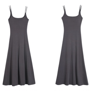 MULVAN 自带胸垫 方领吊带连衣裙女修身设计感双肩带大摆针织长裙