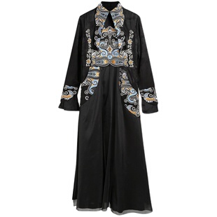 杨丽萍官方原创设计雀云裳民族风国风棉麻刺绣修身A字长袖连衣裙