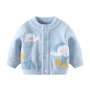 宝宝毛衣冬季男童加厚针织开衫上衣男宝半边绒儿童秋冬外套衣服