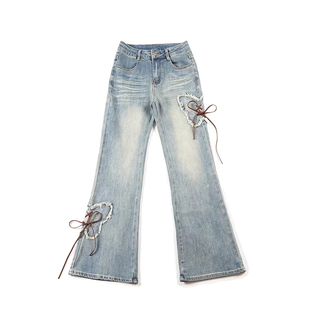 自然涩美式辣妹蝴蝶绑带微喇牛仔裤女早春新款修身显瘦低腰喇叭裤