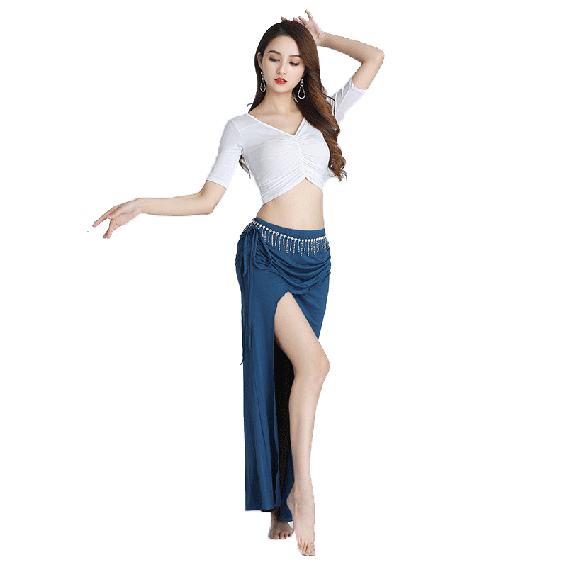 2025新款秋冬肚皮舞练功服大码舞蹈练习演出上衣套装莫代尔白色裙