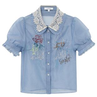 LULUALWAYS【商场同款】夏季蕾丝立领绣花点缀设计感衬衫女灯笼袖