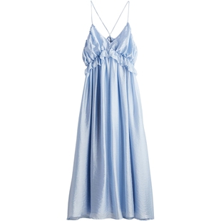 HM女装背心吊带连衣裙春季修身V领优雅褶边花卉中长连身裙1228723